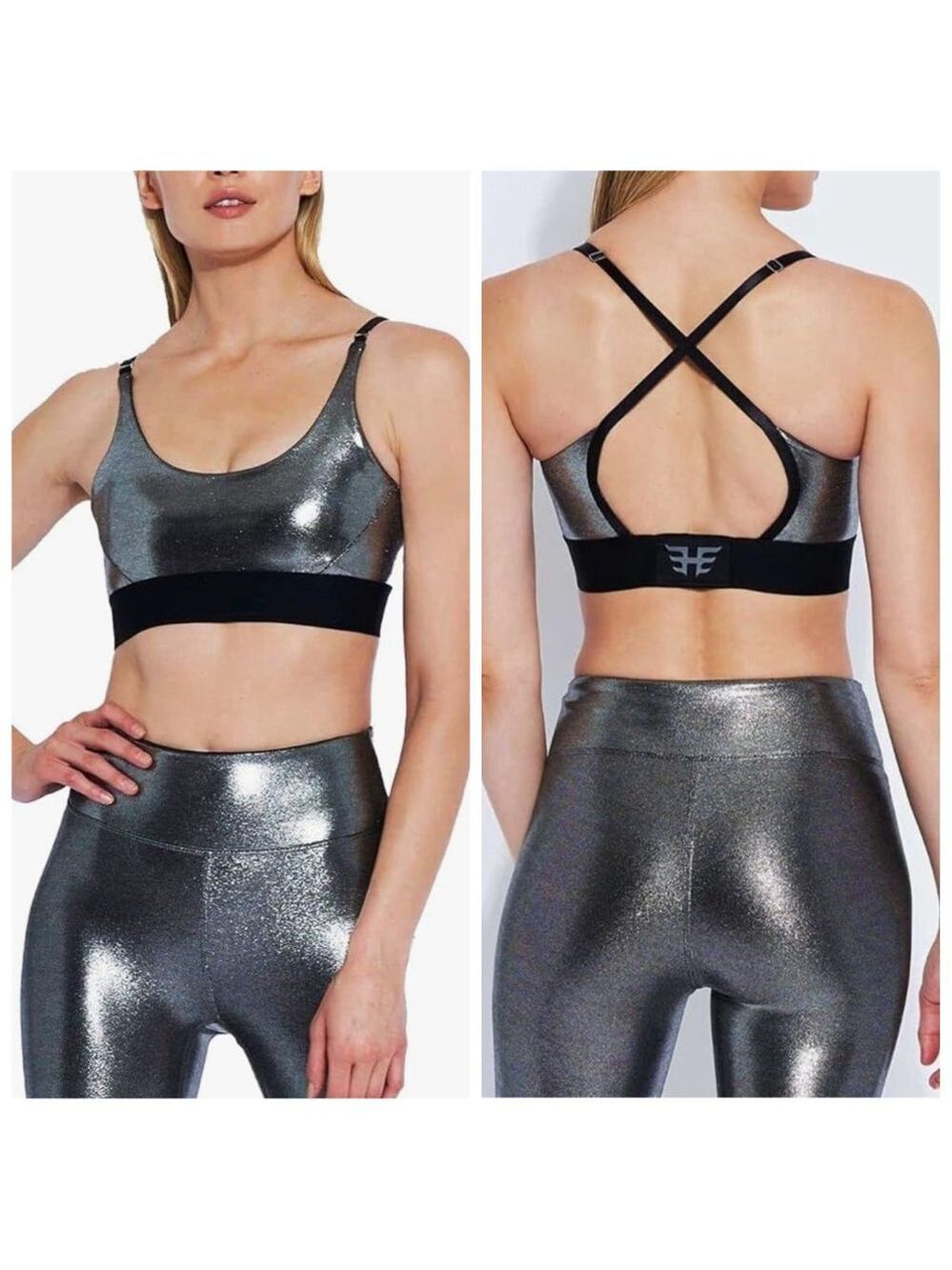 Heroine Sport Metallic Convertible Sports Bra Silver Black XL